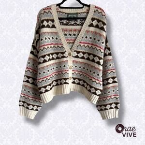 American Eagle Outfitters Cream and Brown Patterned Button-Front Cardigan